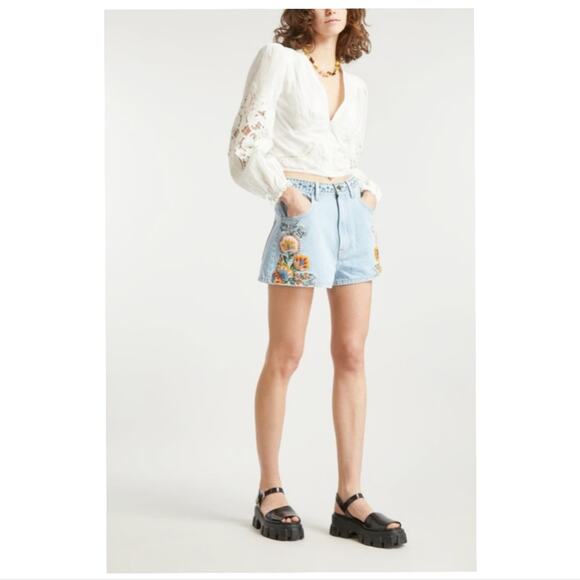 Nwtg Farm Rio Summer Garden Embroidered Denim Shorts Size 31